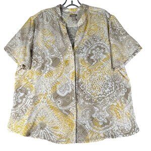 Chico's Womens 3 XL/16 Yellow Chiffon V-Neck Button Front Blouse Short Sleeve